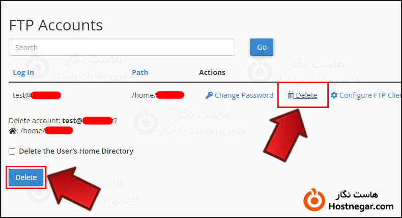 آموزش ساخت اکانت FTP در سی پنل حذف اکانت FTP در سی پنل